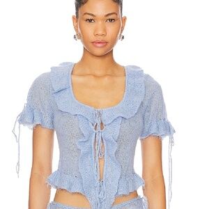 GUIZIO Ruffle Knit Tie Top in Baby Blue - Small